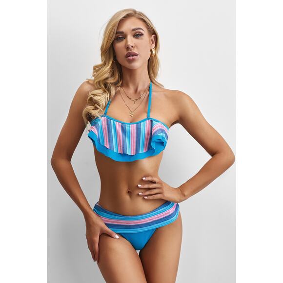 Blue Pink Striped Accent Ruffle Trim Bikini Swimsuit - Small - Picture 4 of 6